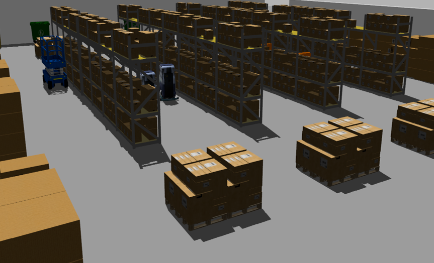 Gazebo warehouse with parallel aisles, shelving, and a mobile delivery robot